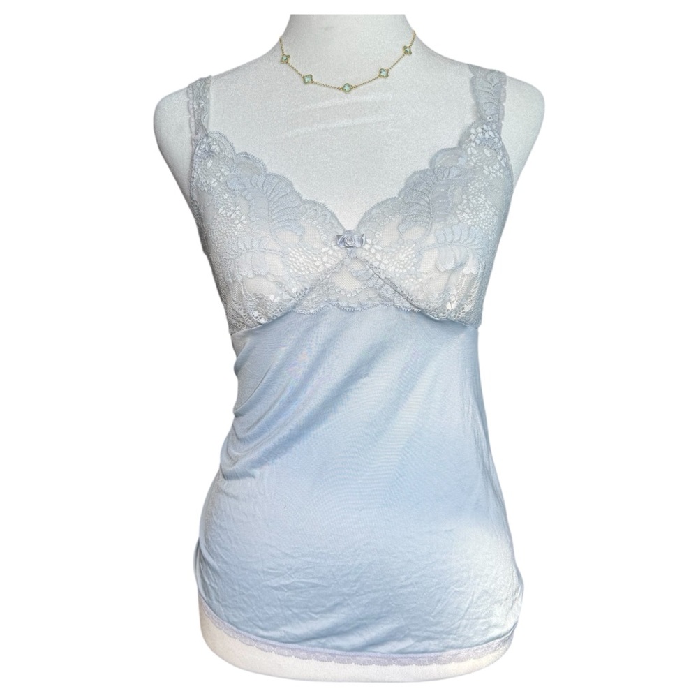 Elegant Lace Trim Light Pastel Blue Babydoll Coquette Women’s Small Camisole